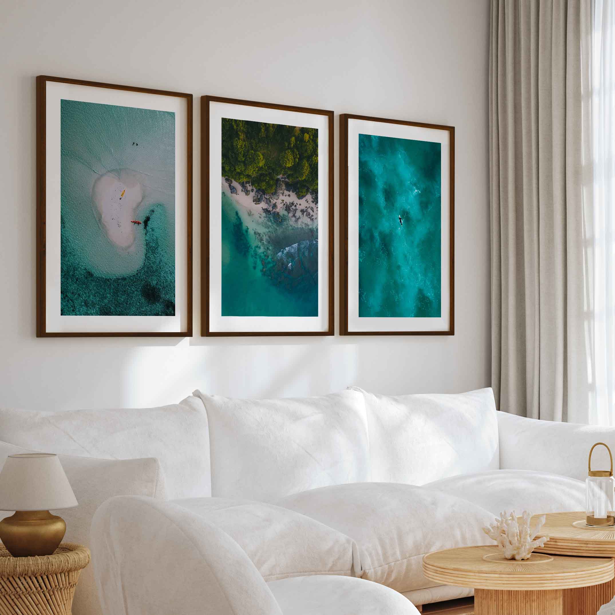 Coastline Wall Art – Aerial Kayak & Ocean Textures (Set of 3) - Dark Brown Framed Poster with White Border - Artworksets