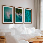 Coastline Wall Art – Aerial Kayak & Ocean Textures (Set of 3) - Dark Brown Framed Poster with White Border - Artworksets