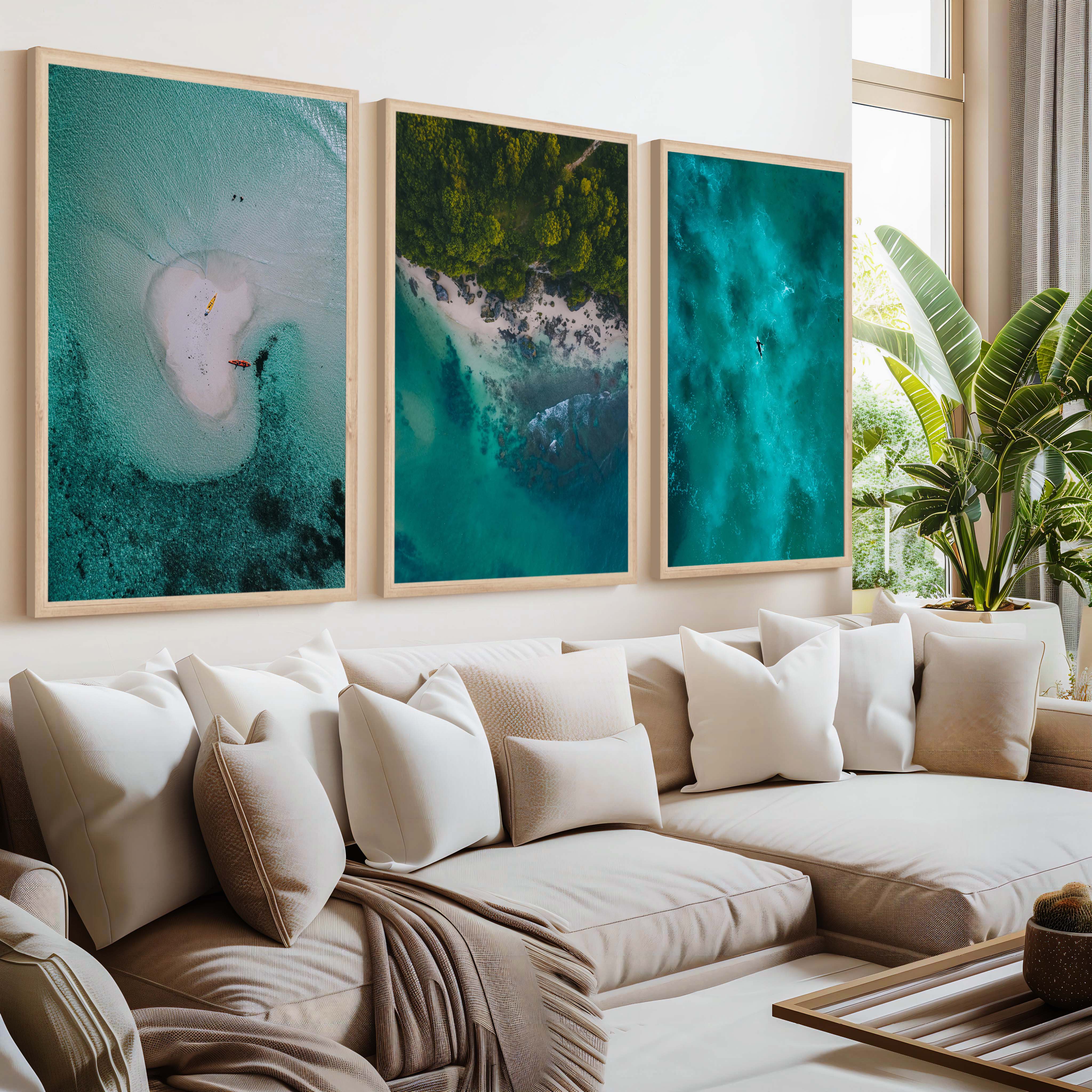 Coastline Wall Art – Aerial Kayak & Ocean Textures (Set of 3) - Natural Wood Framed Poster No Border - Artworksets