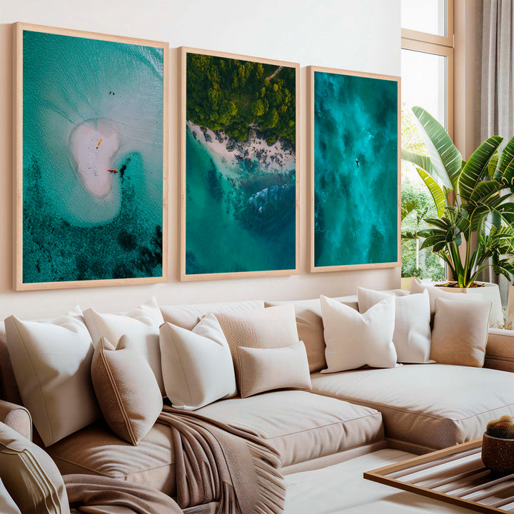 Coastline Wall Art – Aerial Kayak & Ocean Textures (Set of 3) - Natural Wood Framed Poster No Border - Artworksets