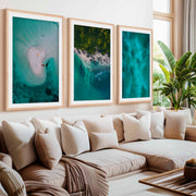 Coastline Wall Art – Aerial Kayak & Ocean Textures (Set of 3)- Natural Wood Framed Poster with White Border - Artworksets