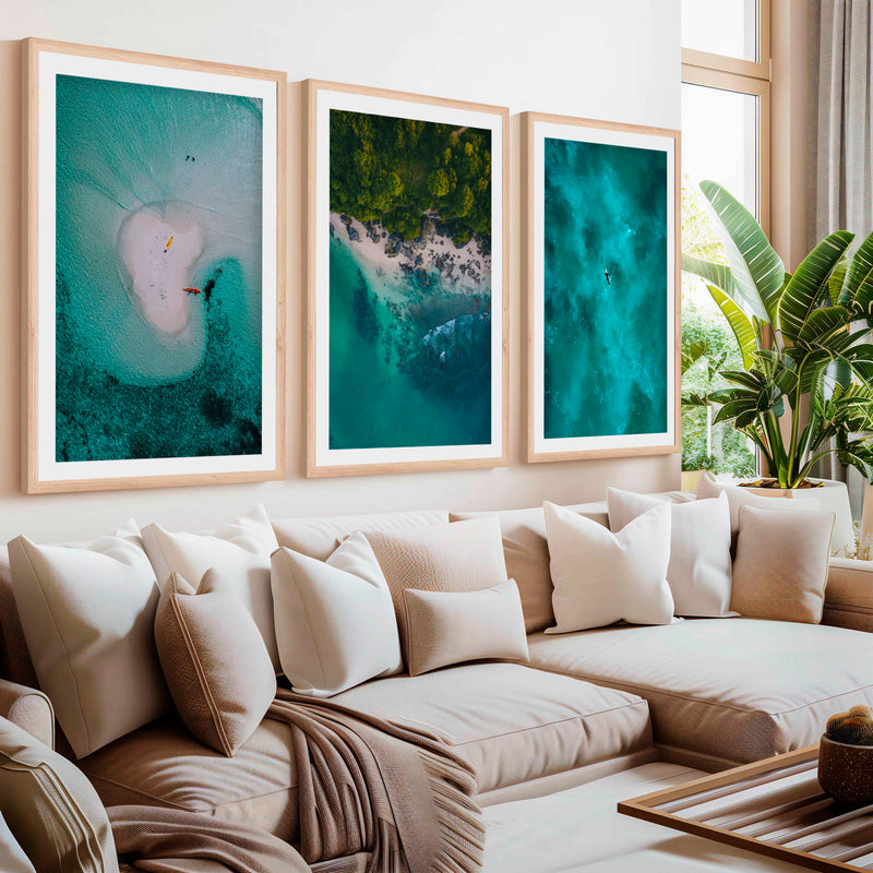 Coastline Wall Art – Aerial Kayak & Ocean Textures (Set of 3)- Natural Wood Framed Poster with White Border - Artworksets