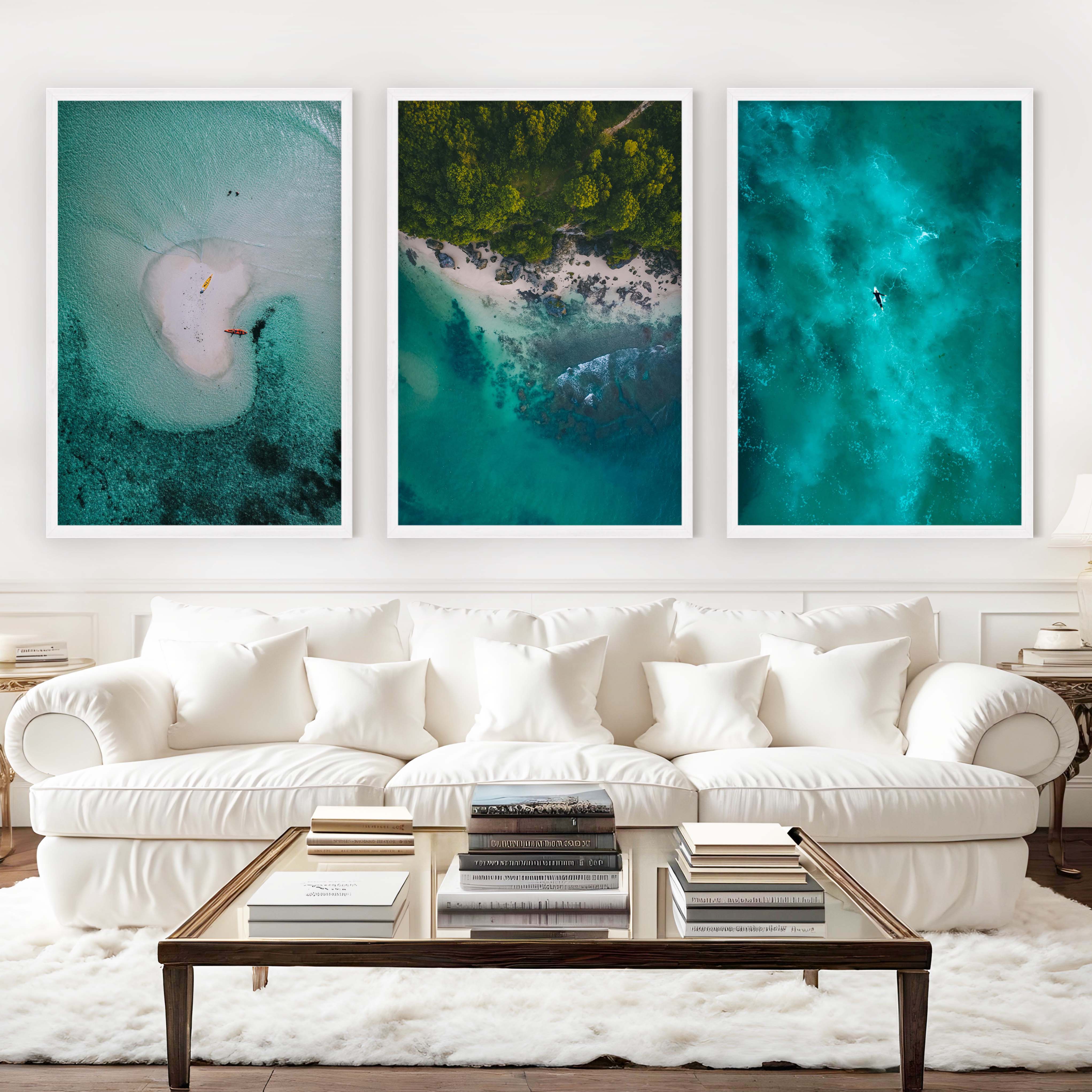 Coastline Wall Art – Aerial Kayak & Ocean Textures (Set of 3) - White Framed Poster No Border - Artworksets