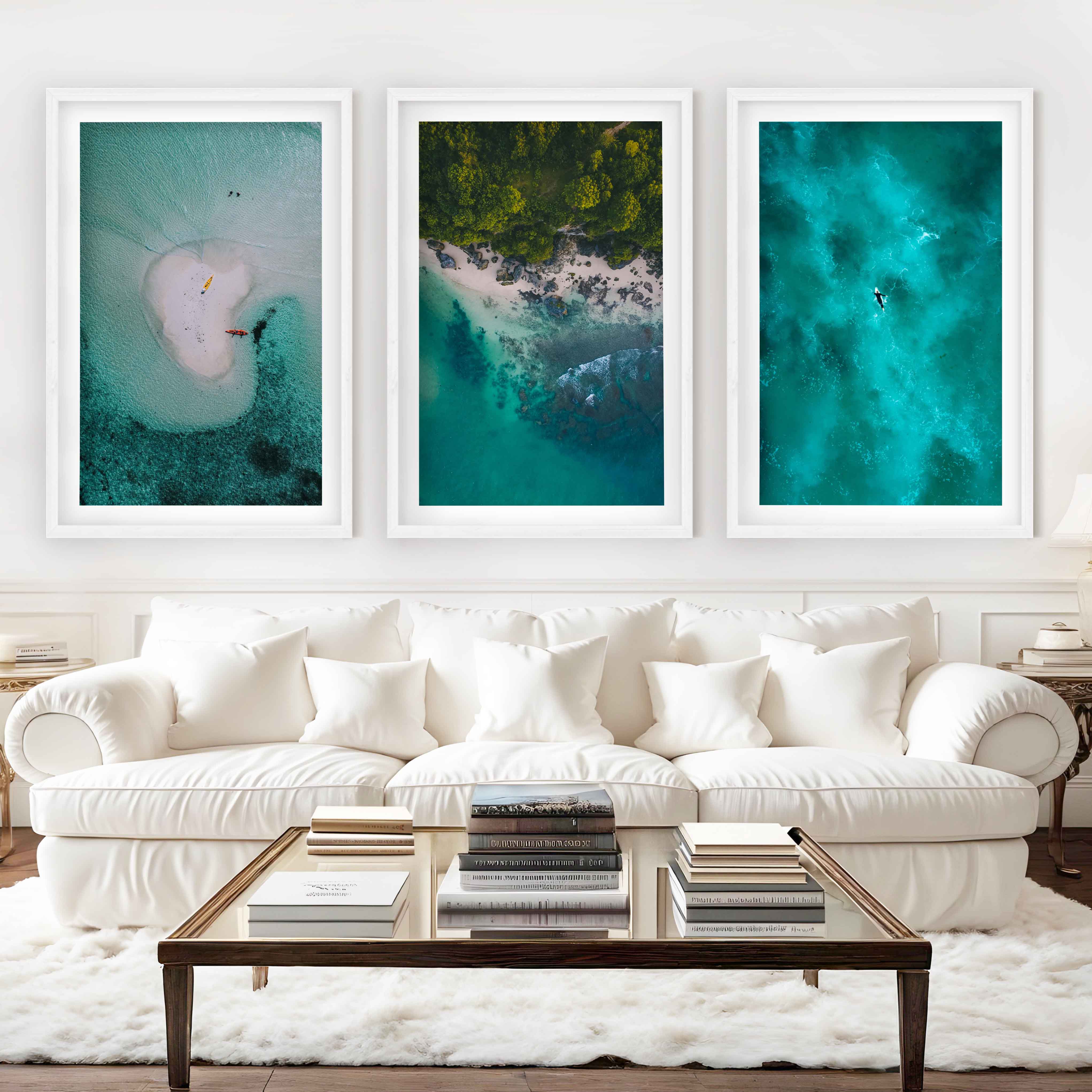 Coastline Wall Art – Aerial Kayak & Ocean Textures (Set of 3) - White Framed Poster with White Border - Artworksets