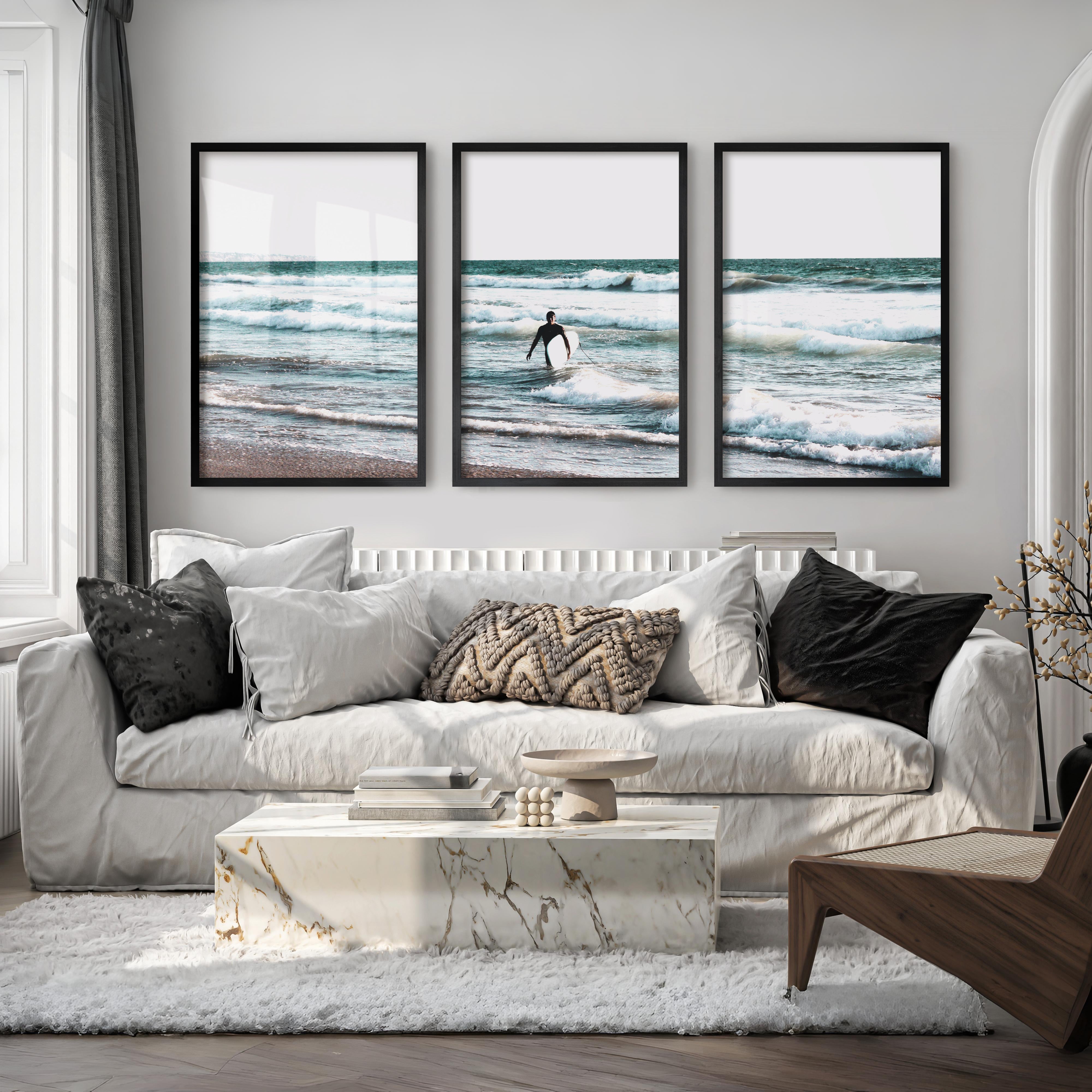 Surfer Waves Coastline Wall Art - Black Framed Poster No Border - Artworksets