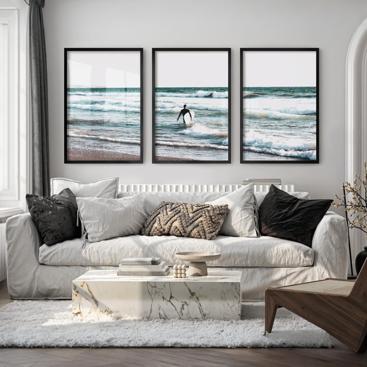 Surfer Waves Coastline Wall Art - Black Framed Poster No Border - Artworksets