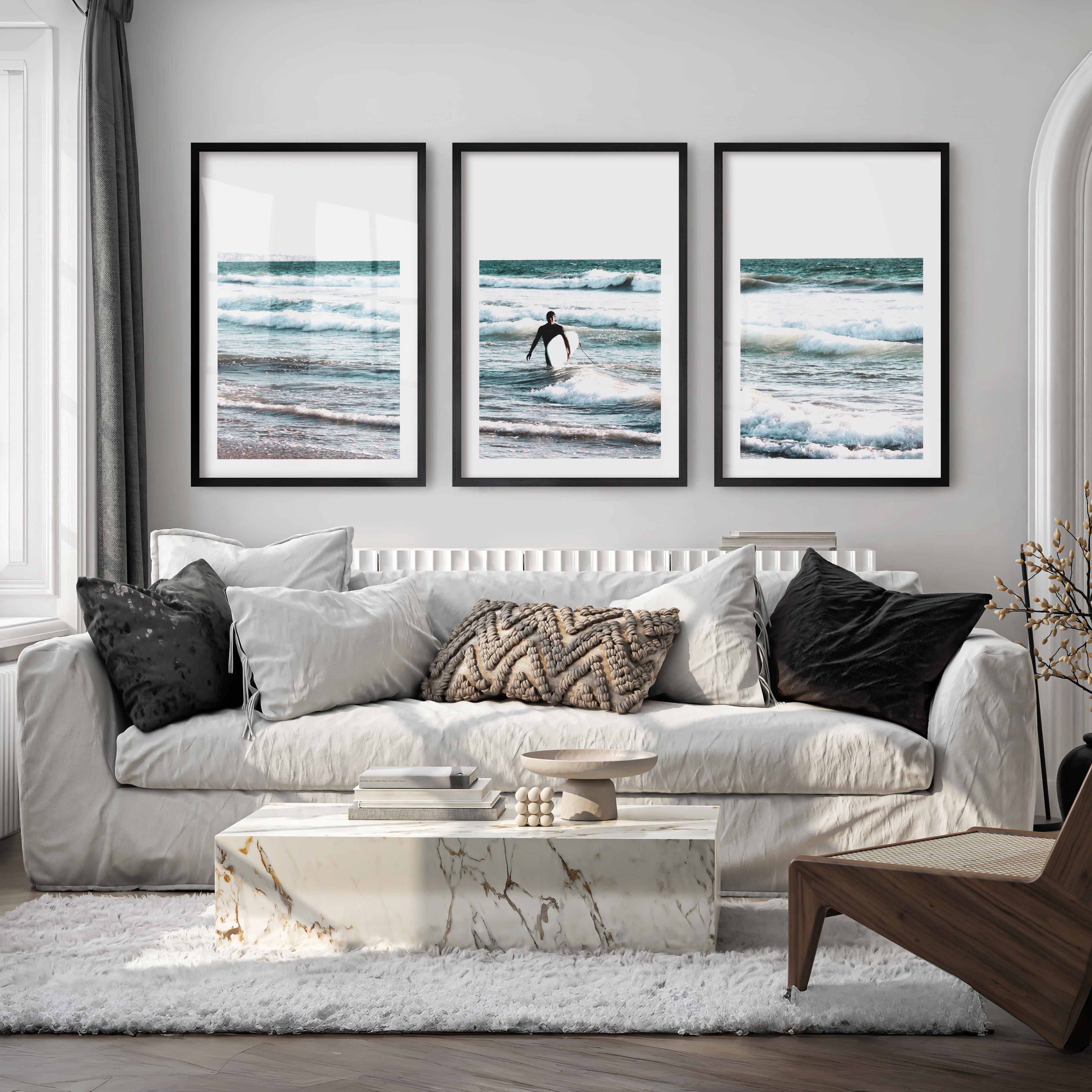 Surfer Waves Coastline Wall Art - Black Framed Poster with White Border - Artworksets