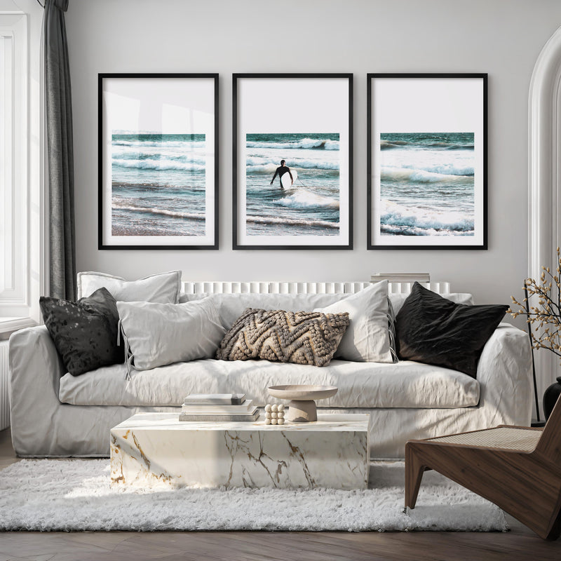 Surfer Waves Coastline Wall Art - Black Framed Poster with White Border - Artworksets