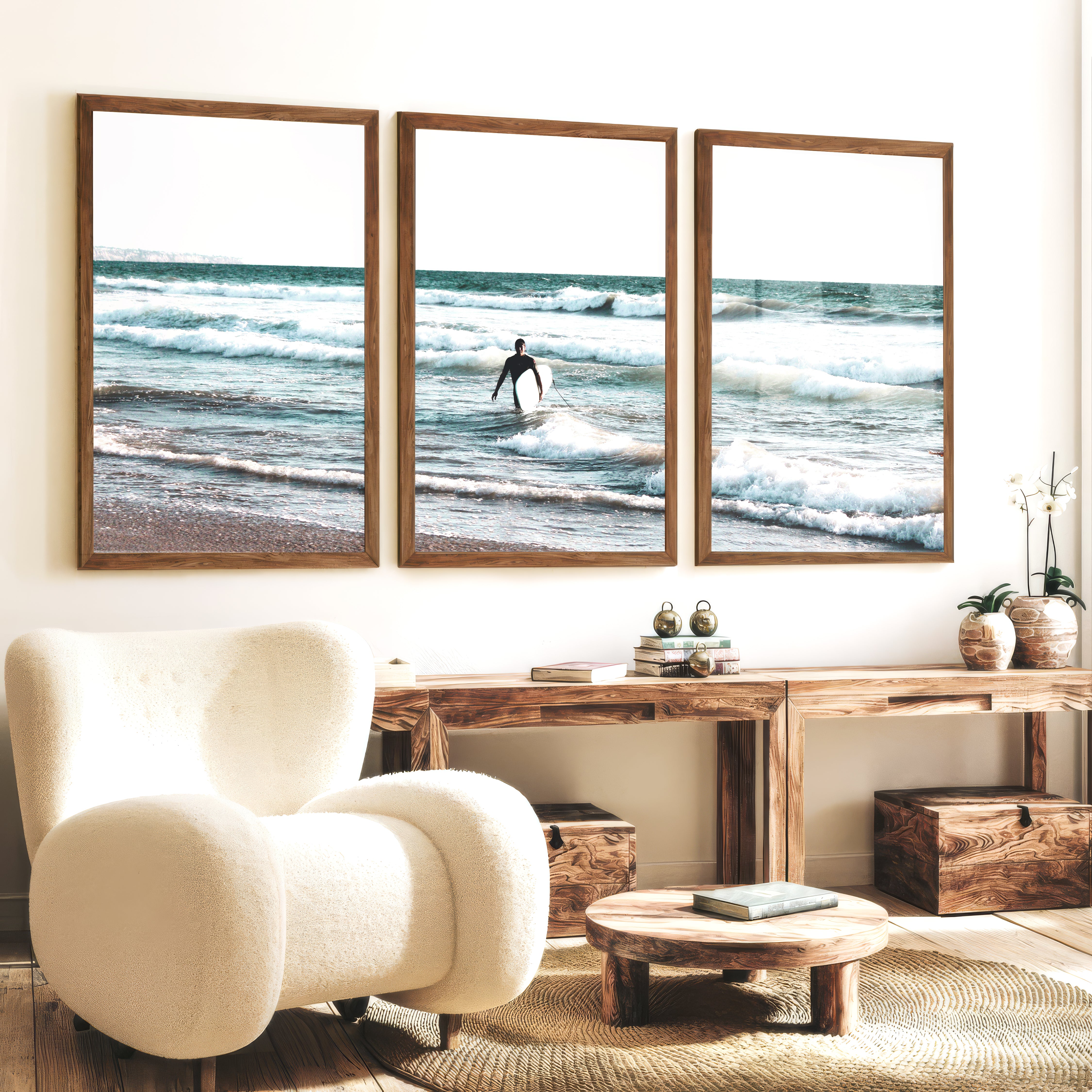 Surfer Waves Coastline Wall Art - Dark Brown Framed Poster No Border - Artworksets