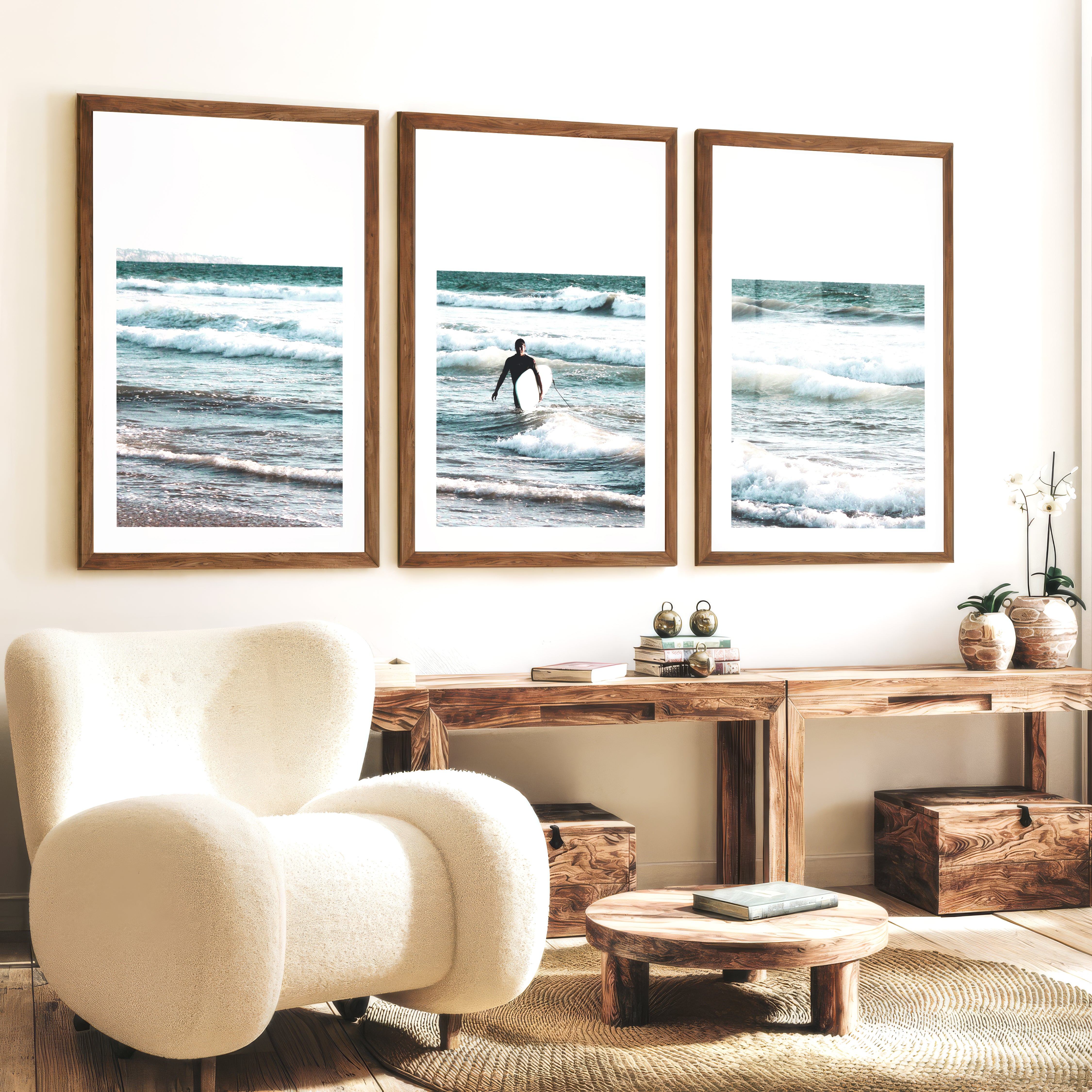 Surfer Waves Coastline Wall Art - Dark Brown Framed Poster with White Border - Artworksets