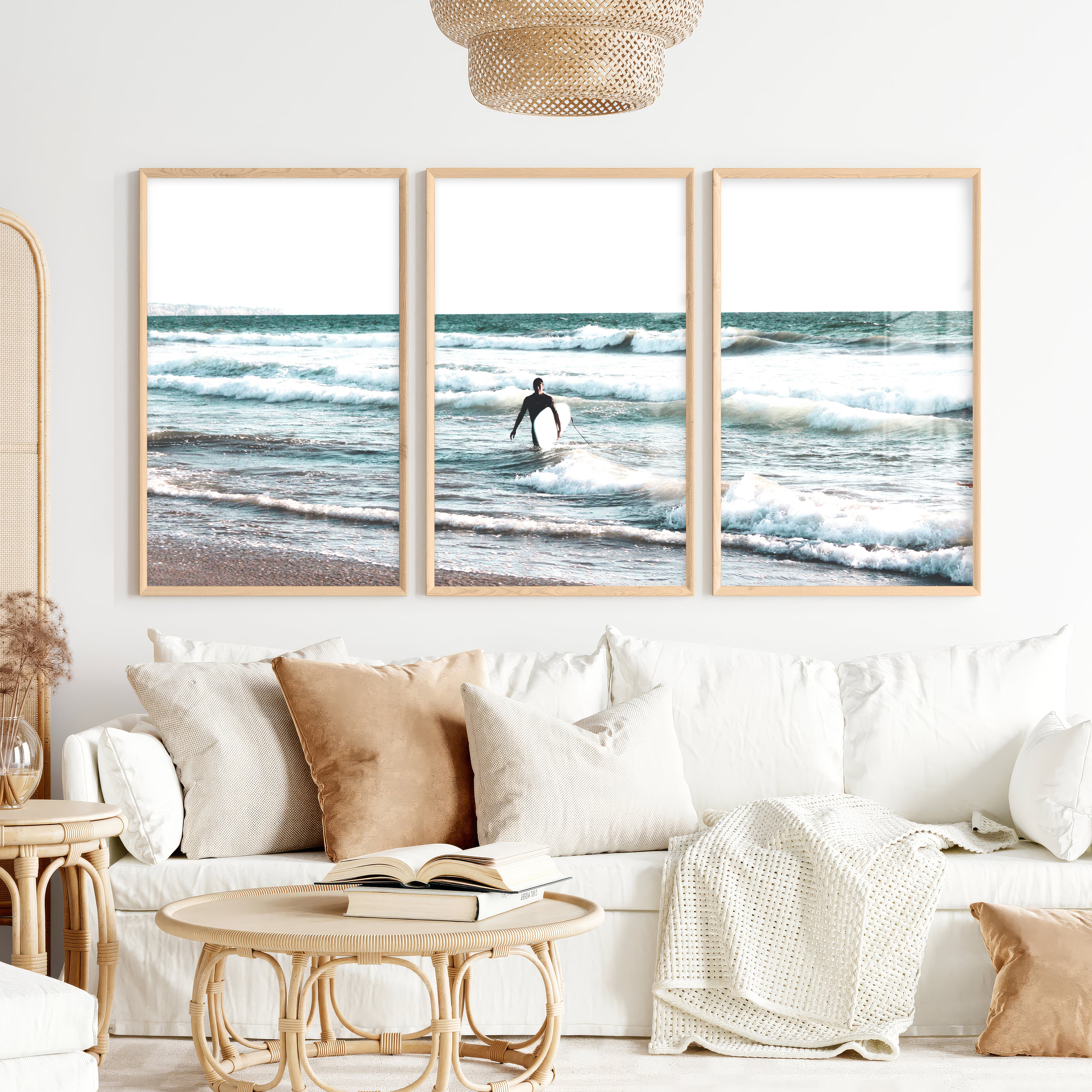 Surfer Waves Coastline Wall Art - Natural Wood Framed Poster No Border - Artworksets
