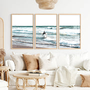 Surfer Waves Coastline Wall Art - Natural Wood Framed Poster No Border - Artworksets