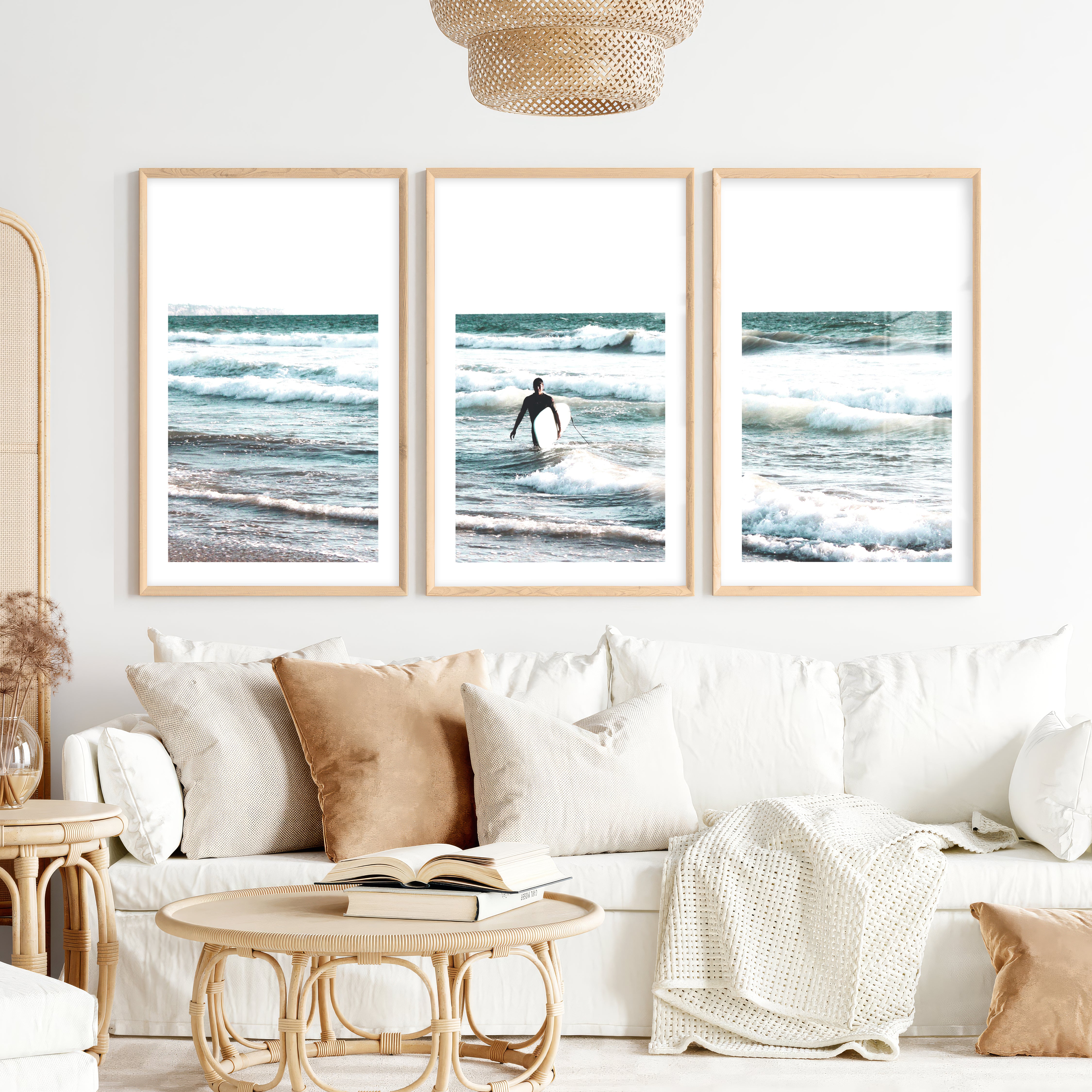 Surfer Waves Coastline Wall Art- Natural Wood Framed Poster with White Border - Artworksets