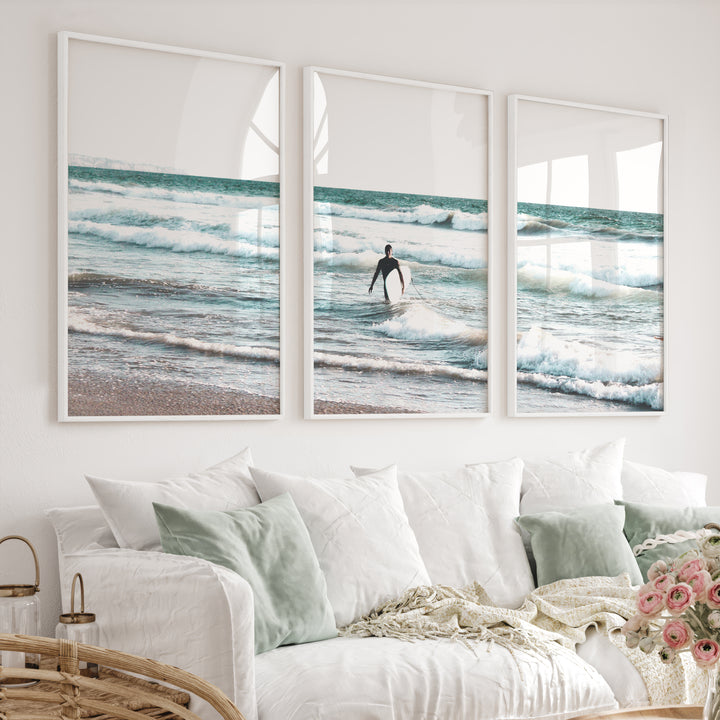 Surfer Waves Coastline Wall Art - White Framed Poster No Border - Artworksets