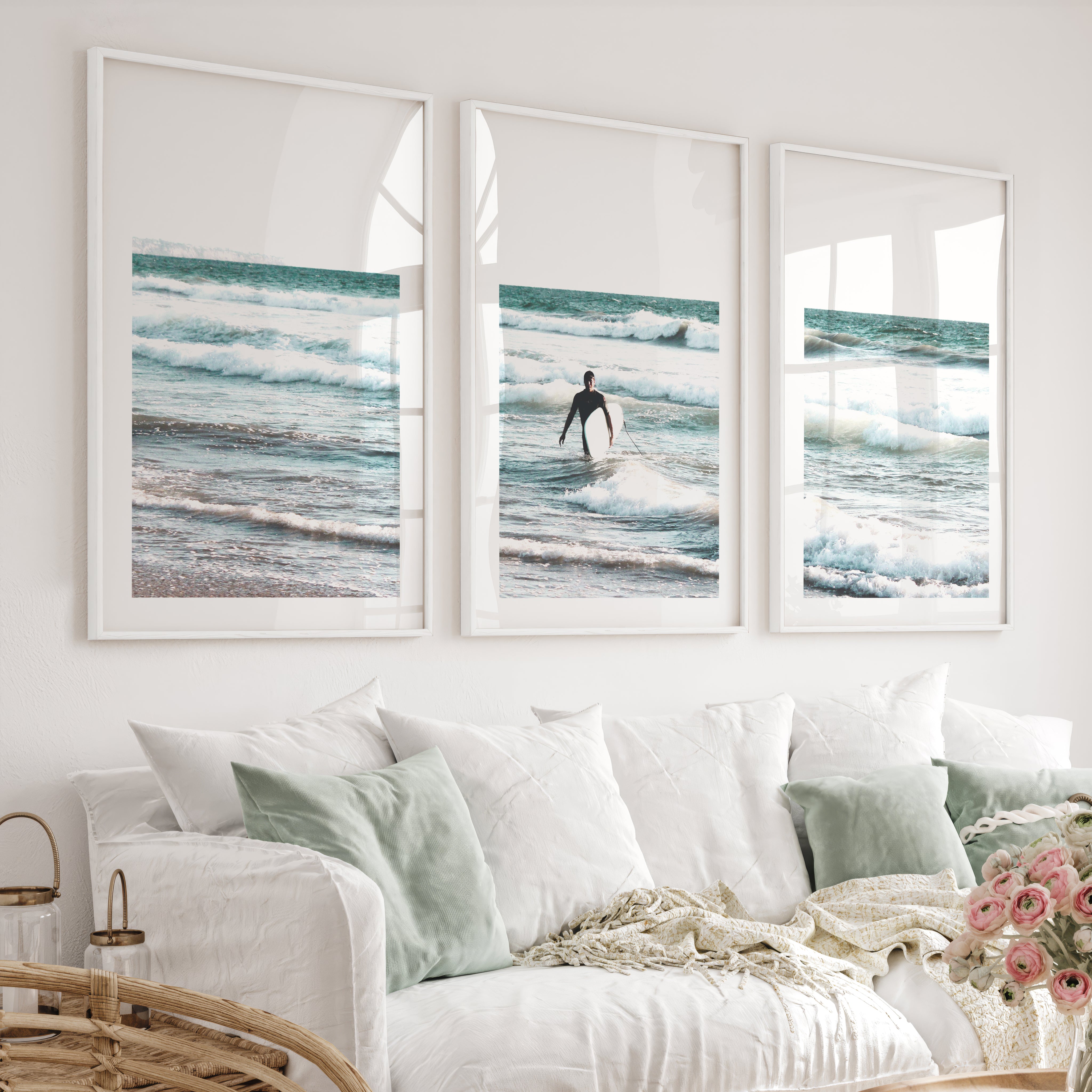 Surfer Waves Coastline Wall Art - White Framed Poster with White Border - Artworksets