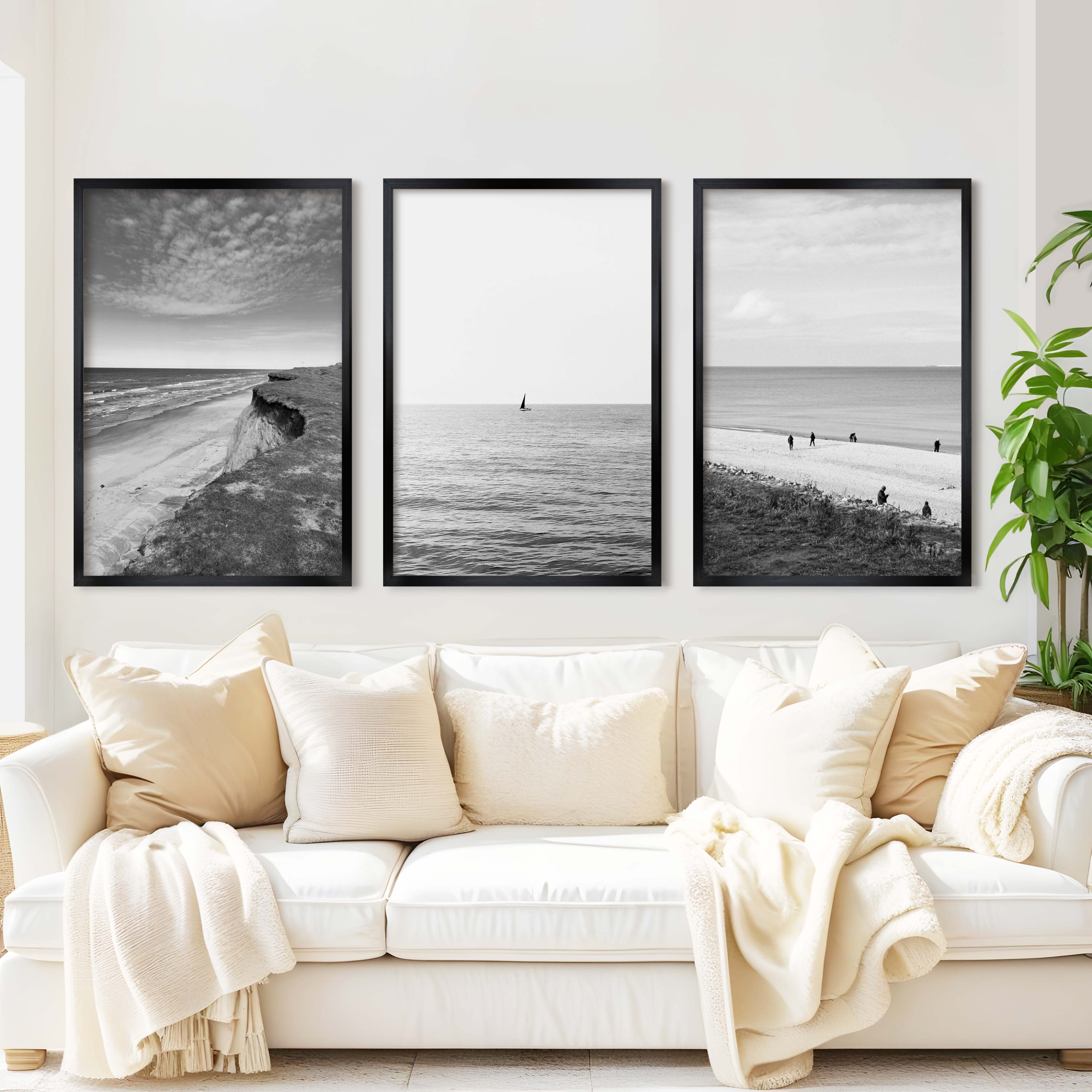 Collage Wall Set – Black and White Beach Photography (Set of 3 Prints) - Black Framed Poster No Border - Artworksets
