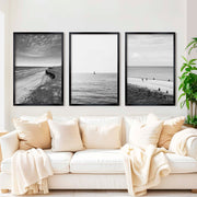 Collage Wall Set – Black and White Beach Photography (Set of 3 Prints) - Black Framed Poster No Border - Artworksets