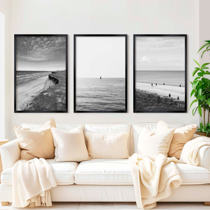 Collage Wall Set – Black and White Beach Photography (Set of 3 Prints) - Black Framed Poster No Border - Artworksets