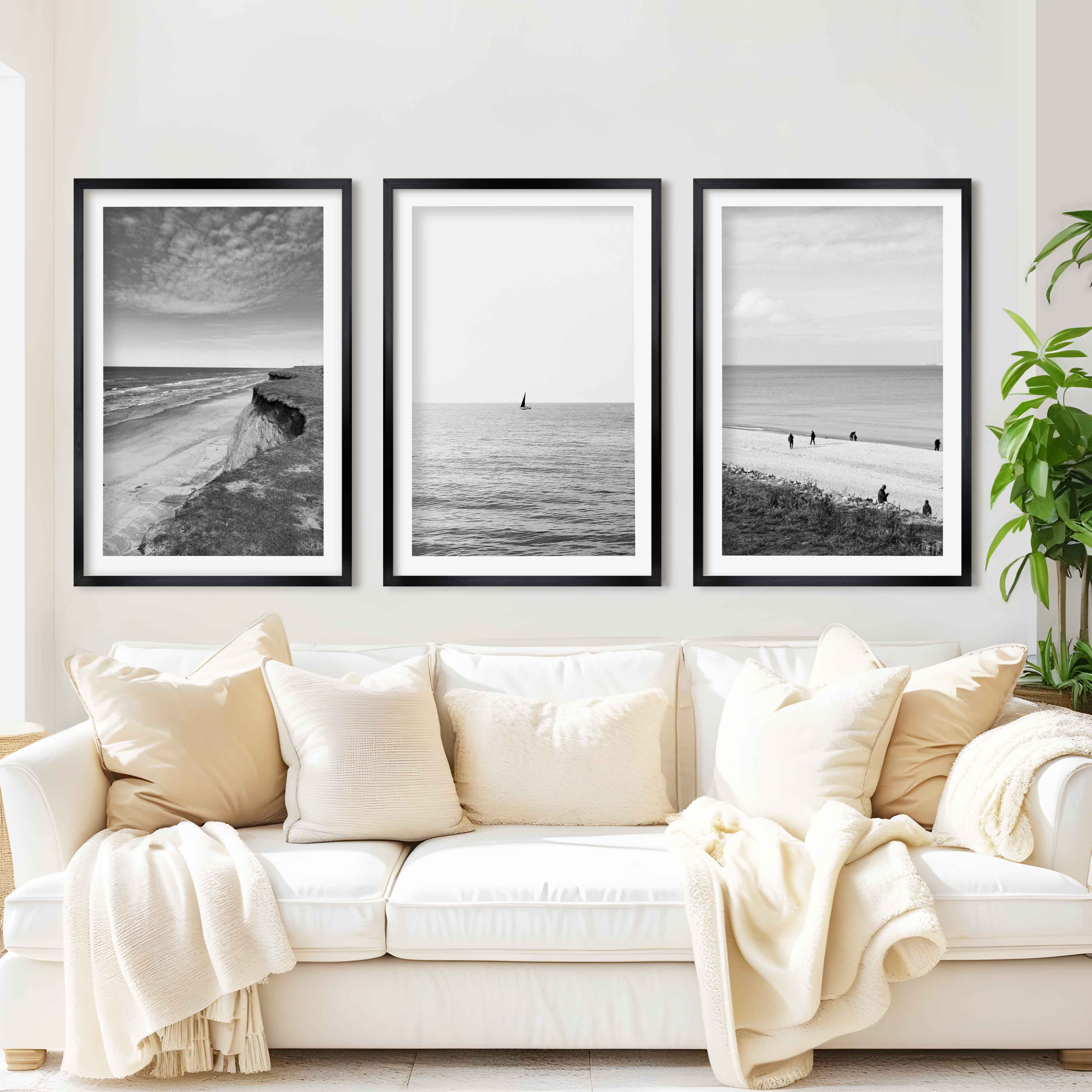 Collage Wall Set – Black and White Beach Photography (Set of 3 Prints) - Black Framed Poster with White Border - Artworksets