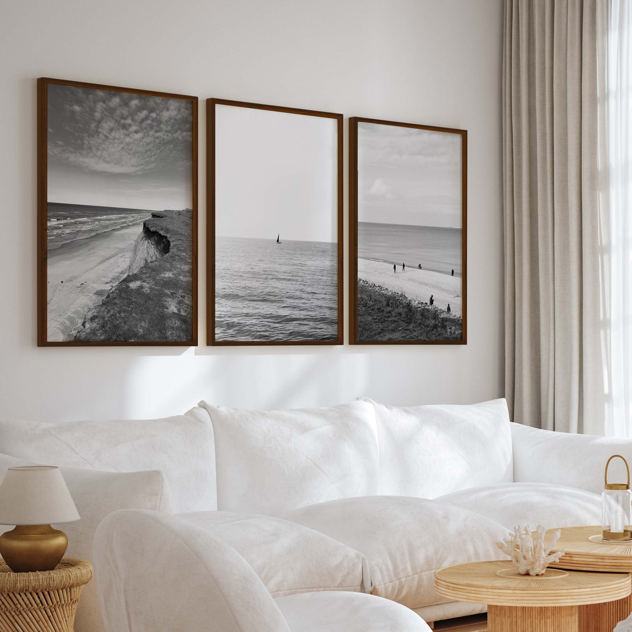 Collage Wall Set – Black and White Beach Photography (Set of 3 Prints) - Dark Brown Framed Poster No Border - Artworksets