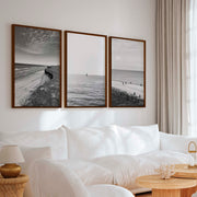 Collage Wall Set – Black and White Beach Photography (Set of 3 Prints) - Dark Brown Framed Poster No Border - Artworksets