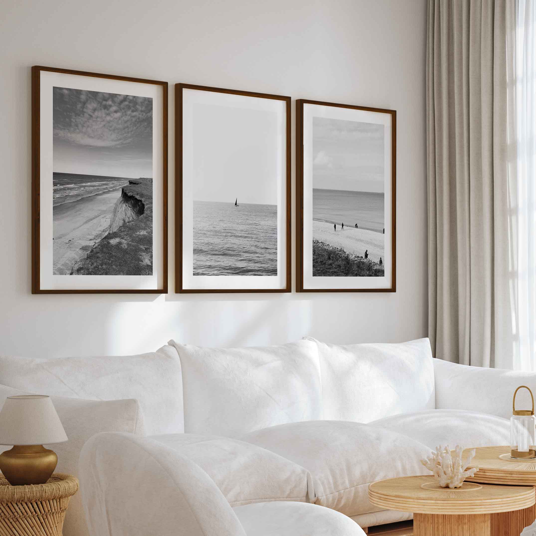 Collage Wall Set – Black and White Beach Photography (Set of 3 Prints) - Dark Brown Framed Poster with White Border - Artworksets