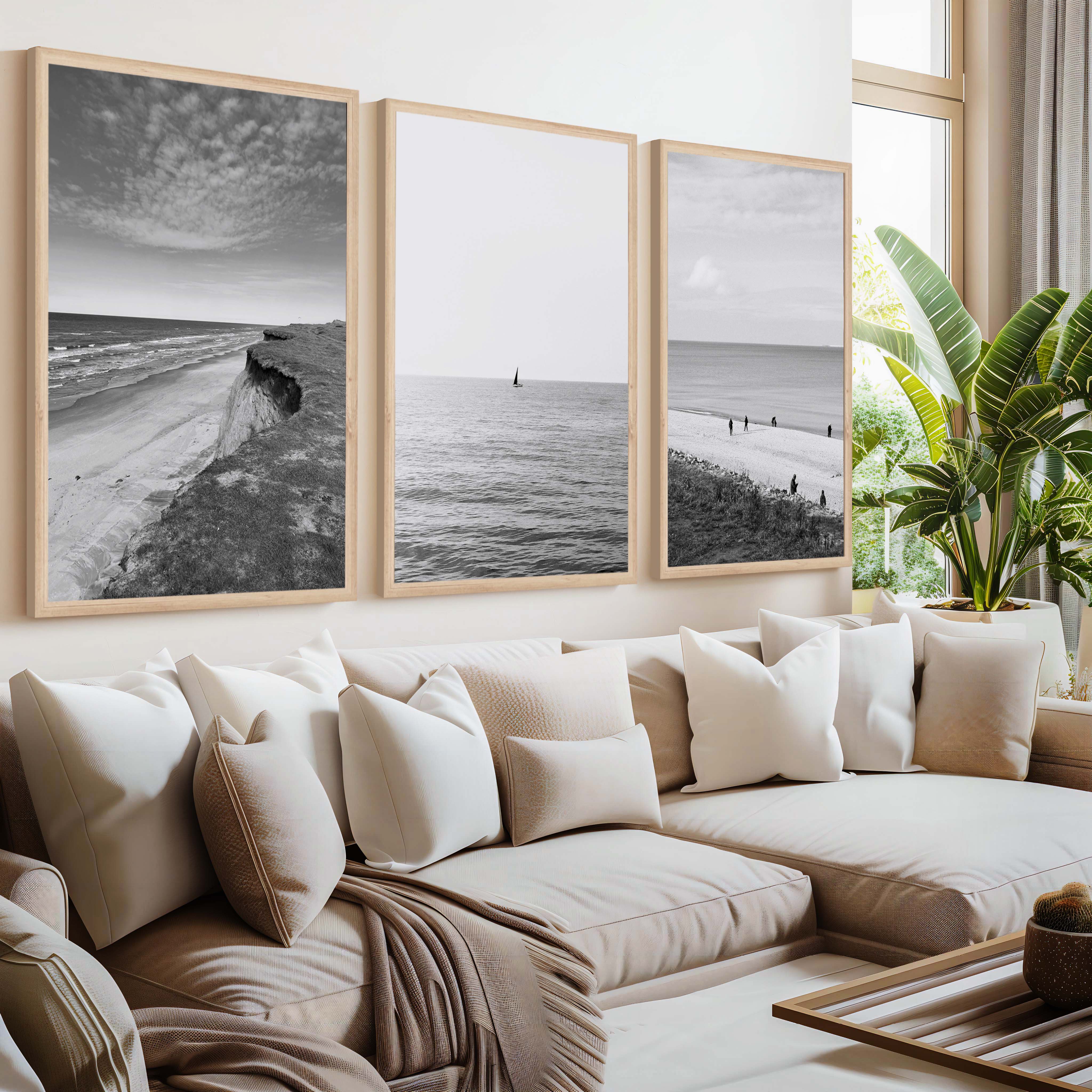 Collage Wall Set – Black and White Beach Photography (Set of 3 Prints) - Natural Wood Framed Poster No Border - Artworksets