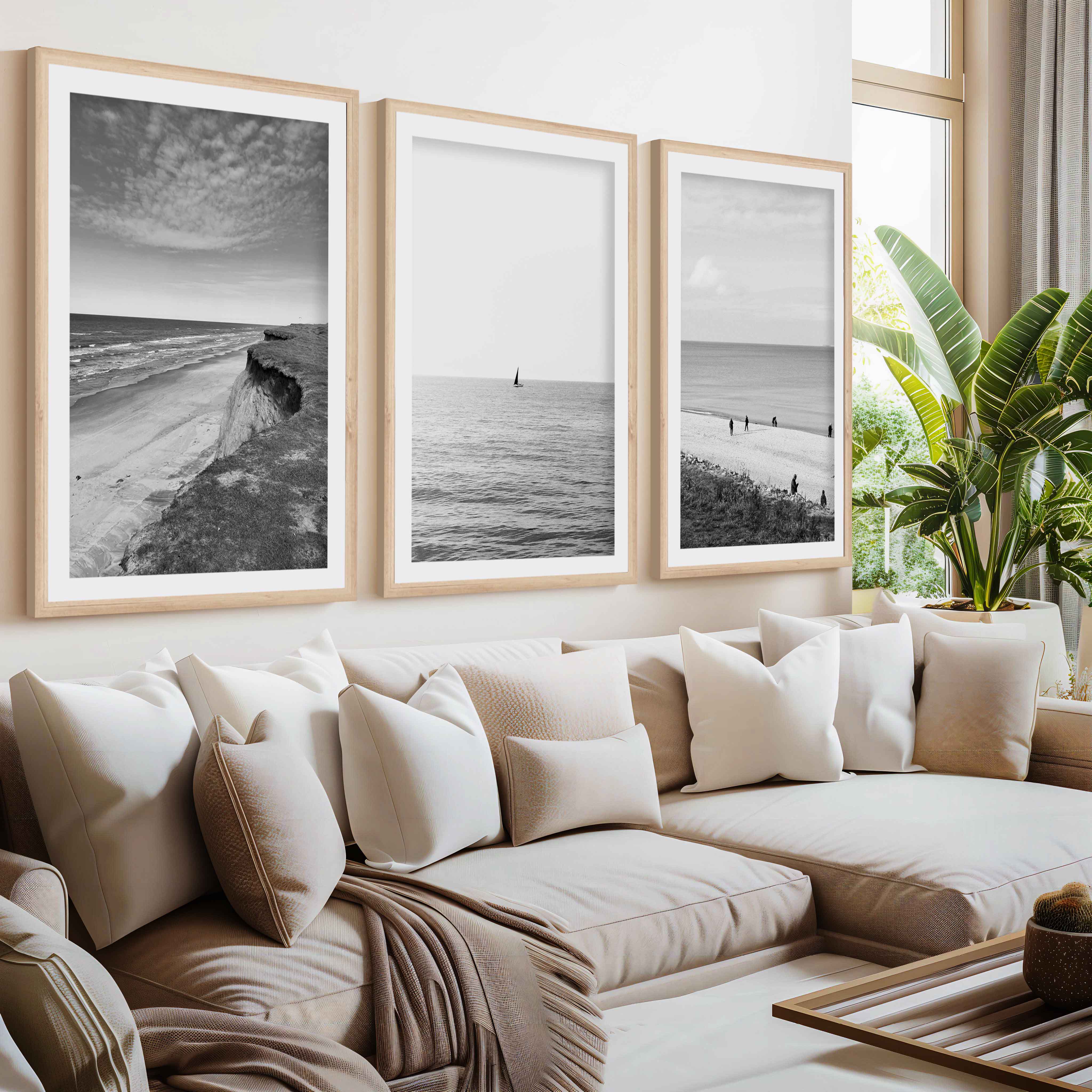Collage Wall Set – Black and White Beach Photography (Set of 3 Prints)- Natural Wood Framed Poster with White Border - Artworksets