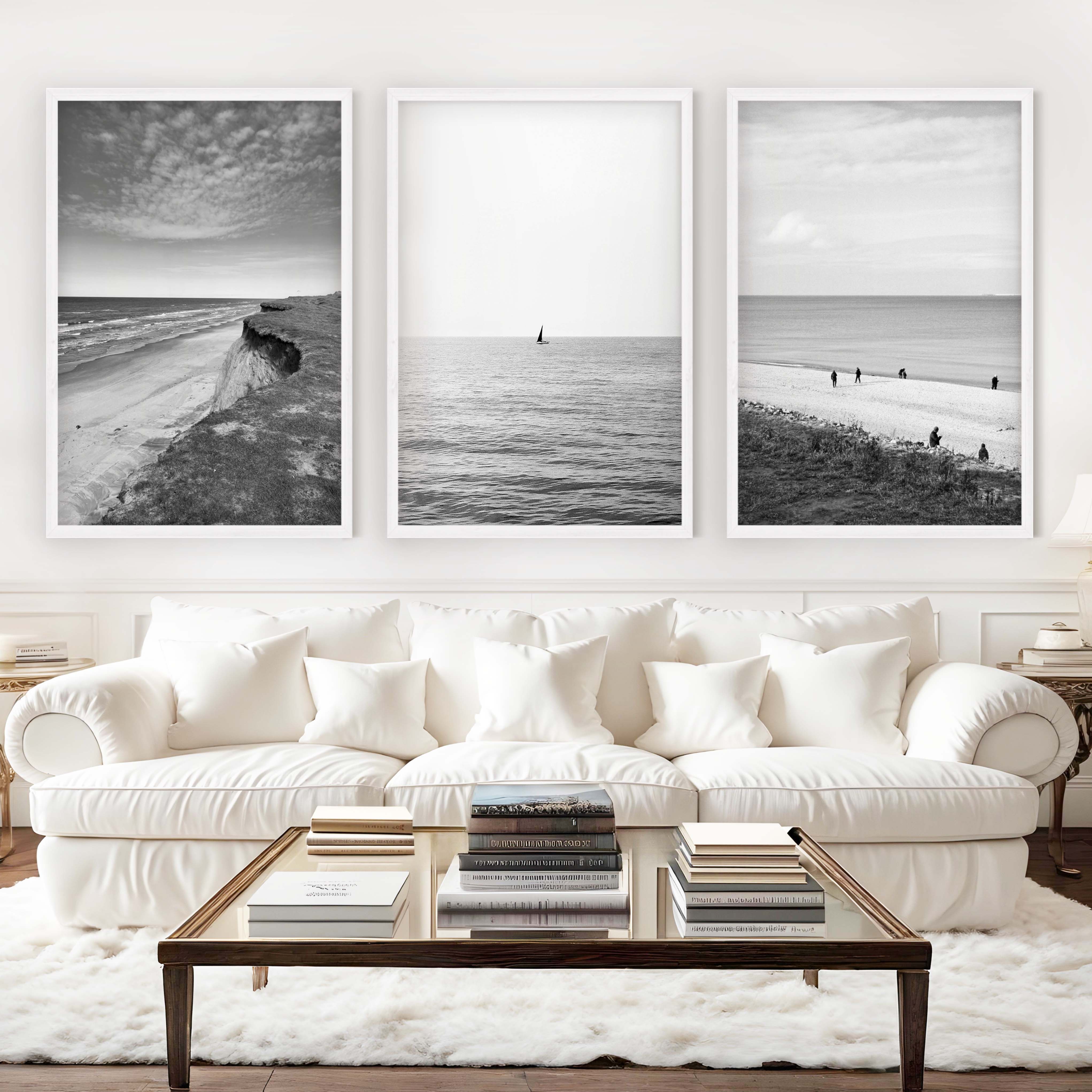 Collage Wall Set – Black and White Beach Photography (Set of 3 Prints) - White Framed Poster No Border - Artworksets