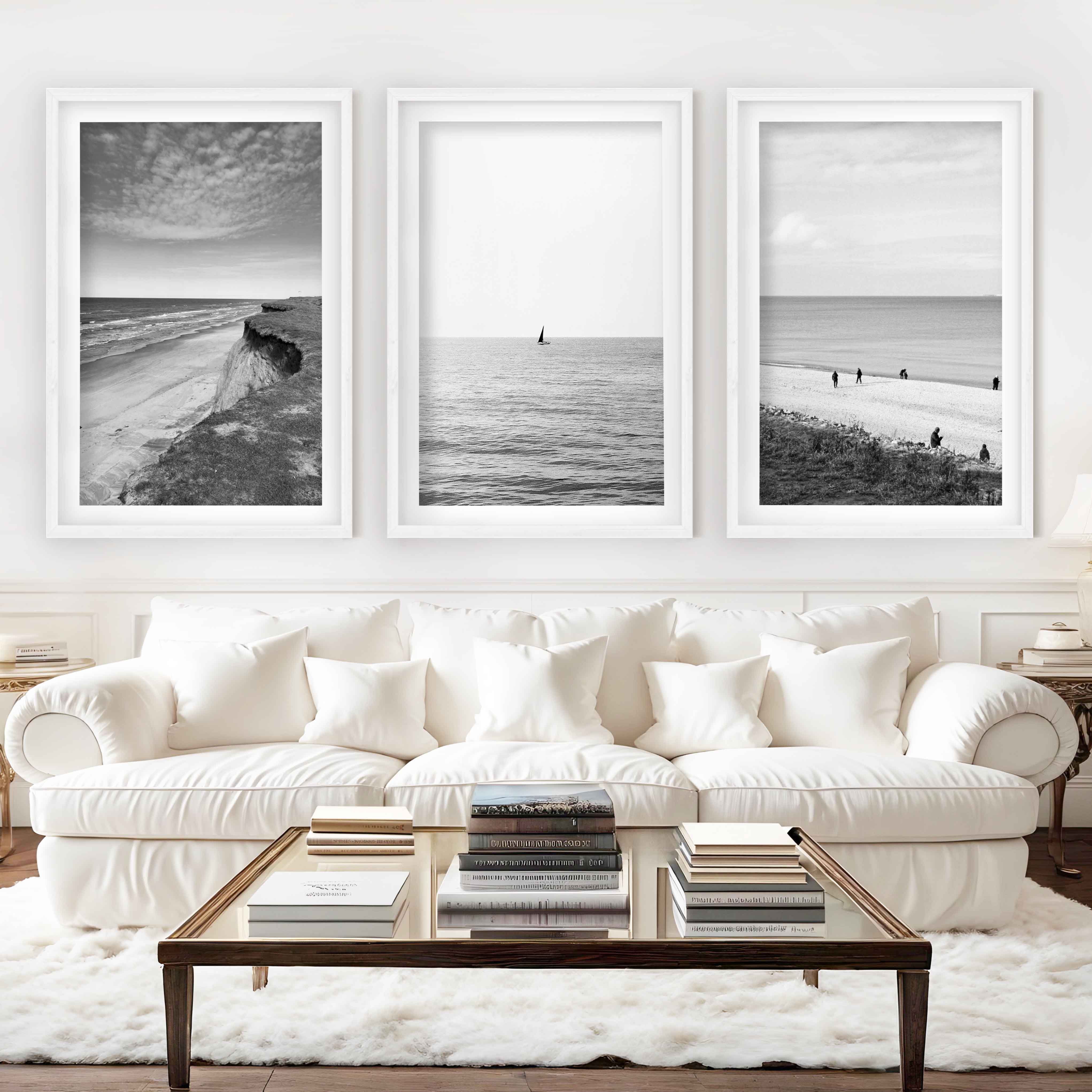 Collage Wall Set – Black and White Beach Photography (Set of 3 Prints) - White Framed Poster with White Border - Artworksets