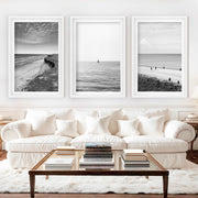 Collage Wall Set – Black and White Beach Photography (Set of 3 Prints) - White Framed Poster with White Border - Artworksets