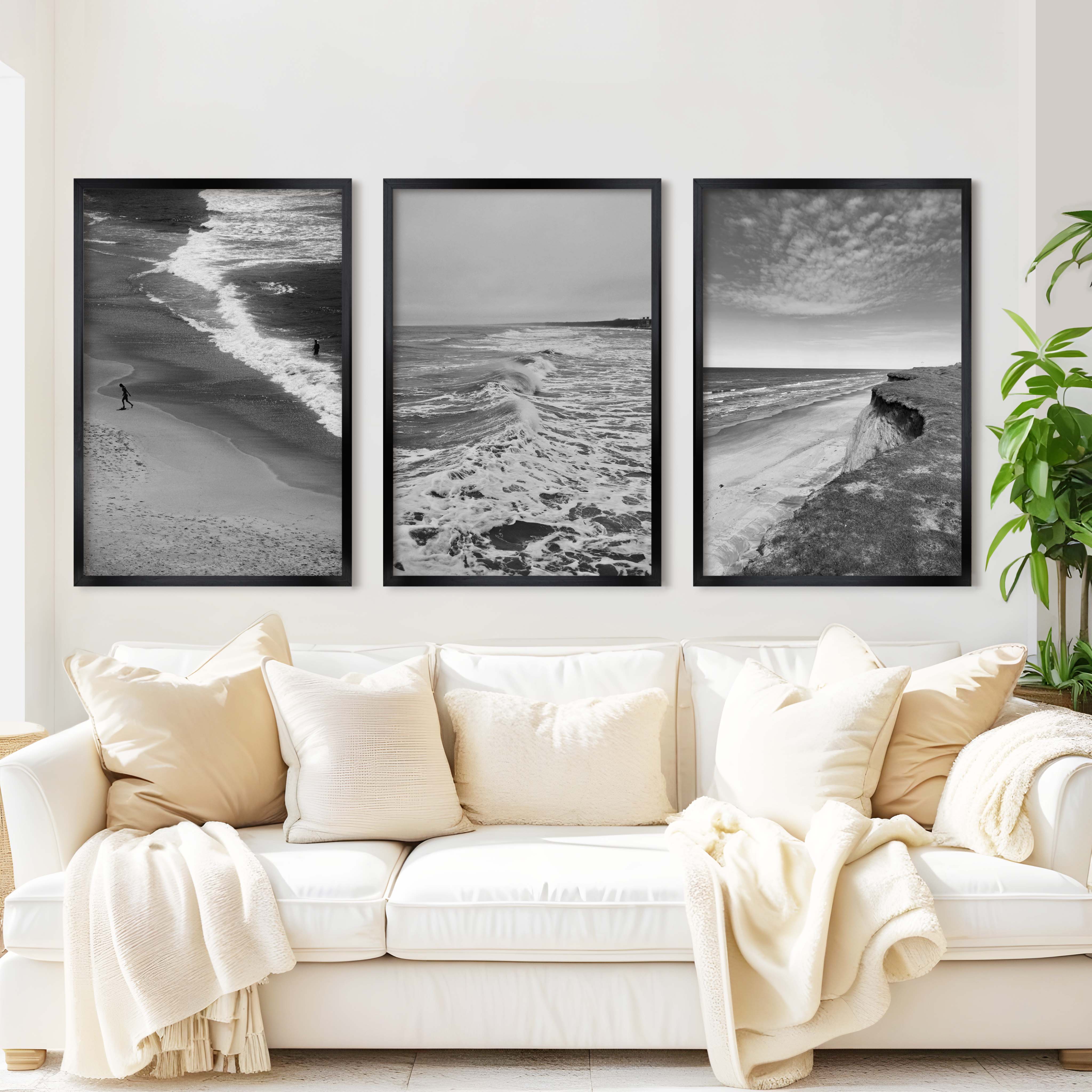 Collage Wall Set – Minimalist Black and White Ocean Views (3 Prints) - Black Framed Poster No Border - Artworksets