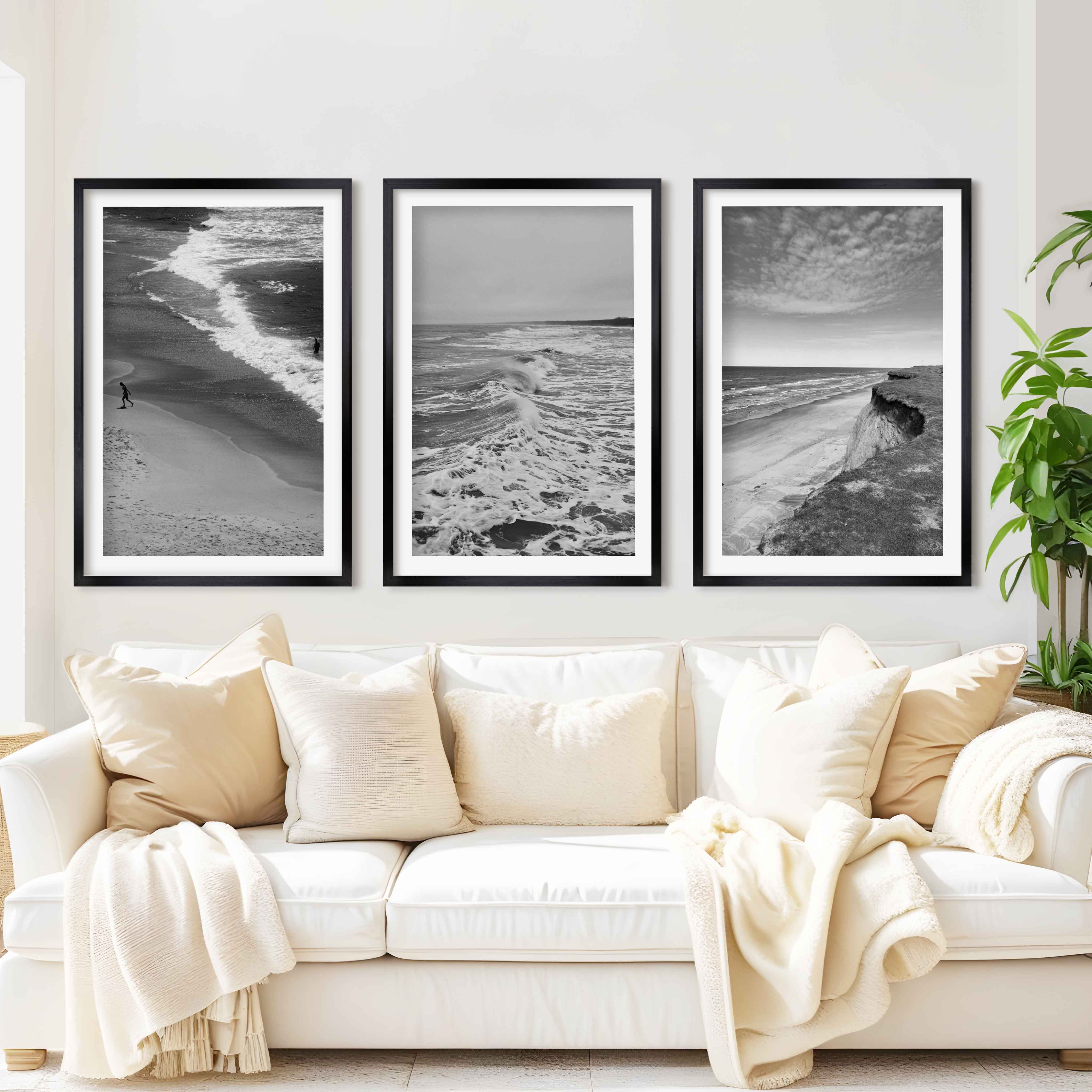 Collage Wall Set – Minimalist Black and White Ocean Views (3 Prints) - Black Framed Poster with White Border - Artworksets