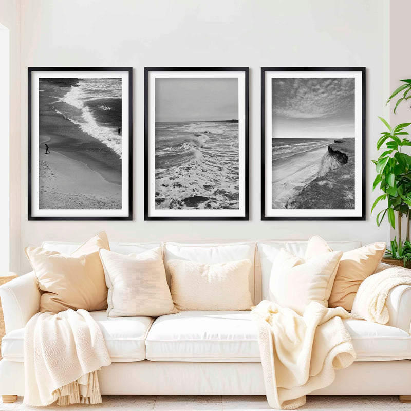Collage Wall Set – Minimalist Black and White Ocean Views (3 Prints) - Black Framed Poster with White Border - Artworksets