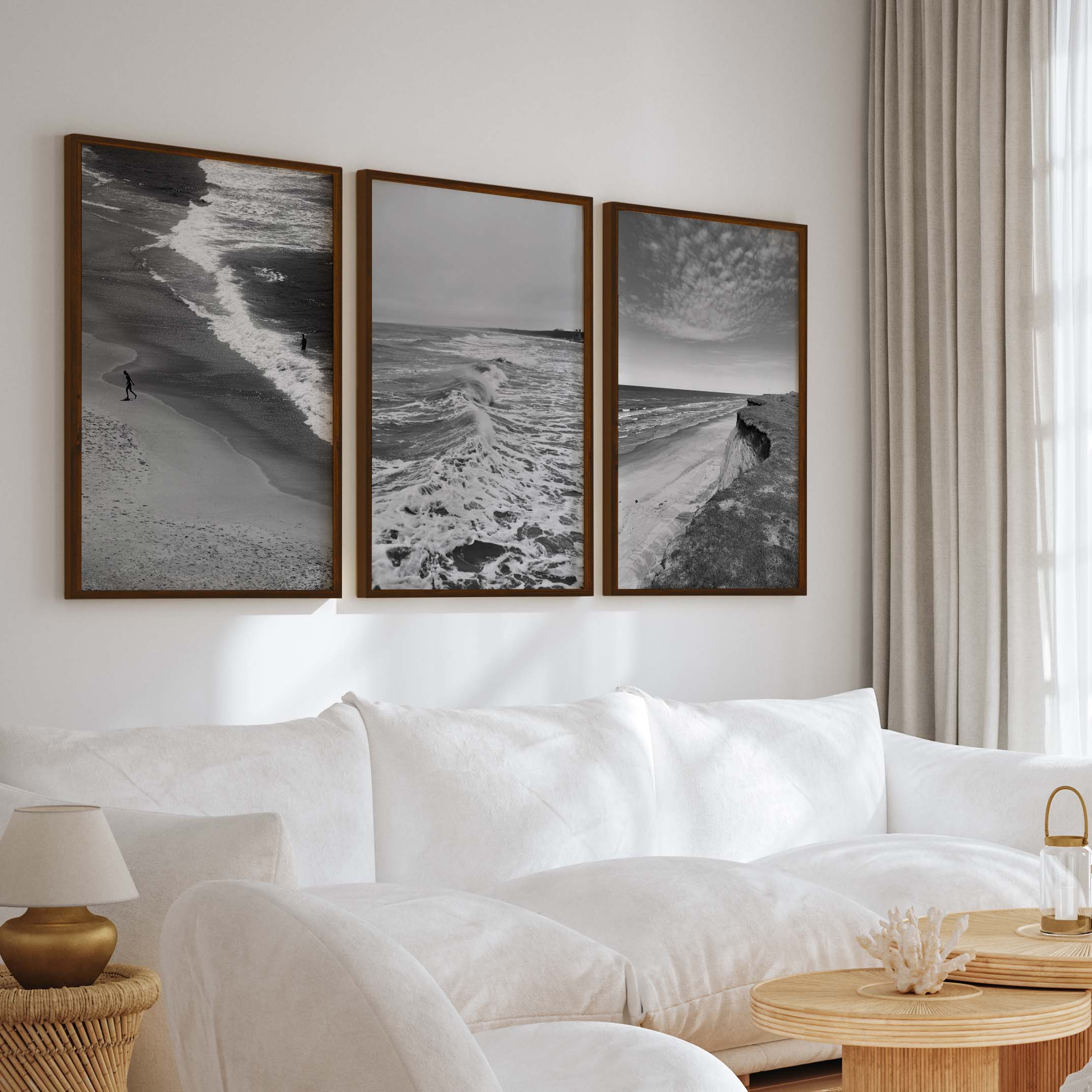 Collage Wall Set – Minimalist Black and White Ocean Views (3 Prints) - Dark Brown Framed Poster No Border - Artworksets