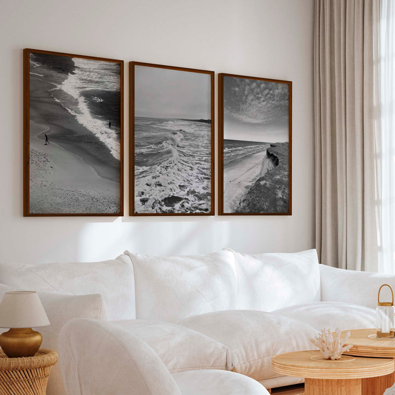 Collage Wall Set – Minimalist Black and White Ocean Views (3 Prints) - Dark Brown Framed Poster No Border - Artworksets