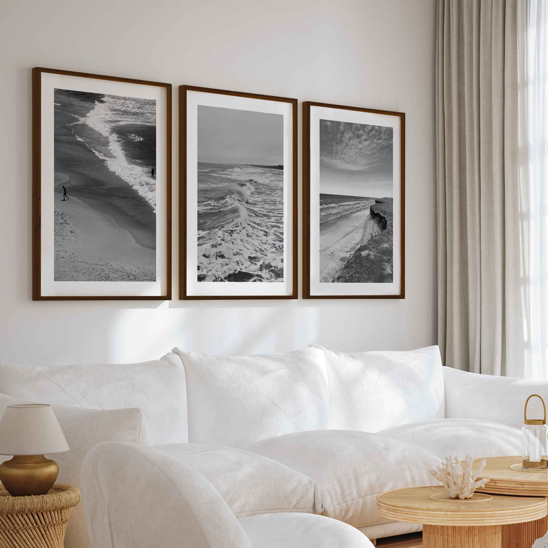 Collage Wall Set – Minimalist Black and White Ocean Views (3 Prints) - Dark Brown Framed Poster with White Border - Artworksets