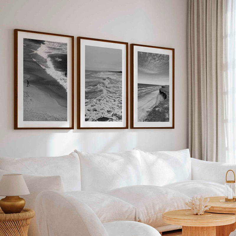 Collage Wall Set – Minimalist Black and White Ocean Views (3 Prints) - Dark Brown Framed Poster with White Border - Artworksets