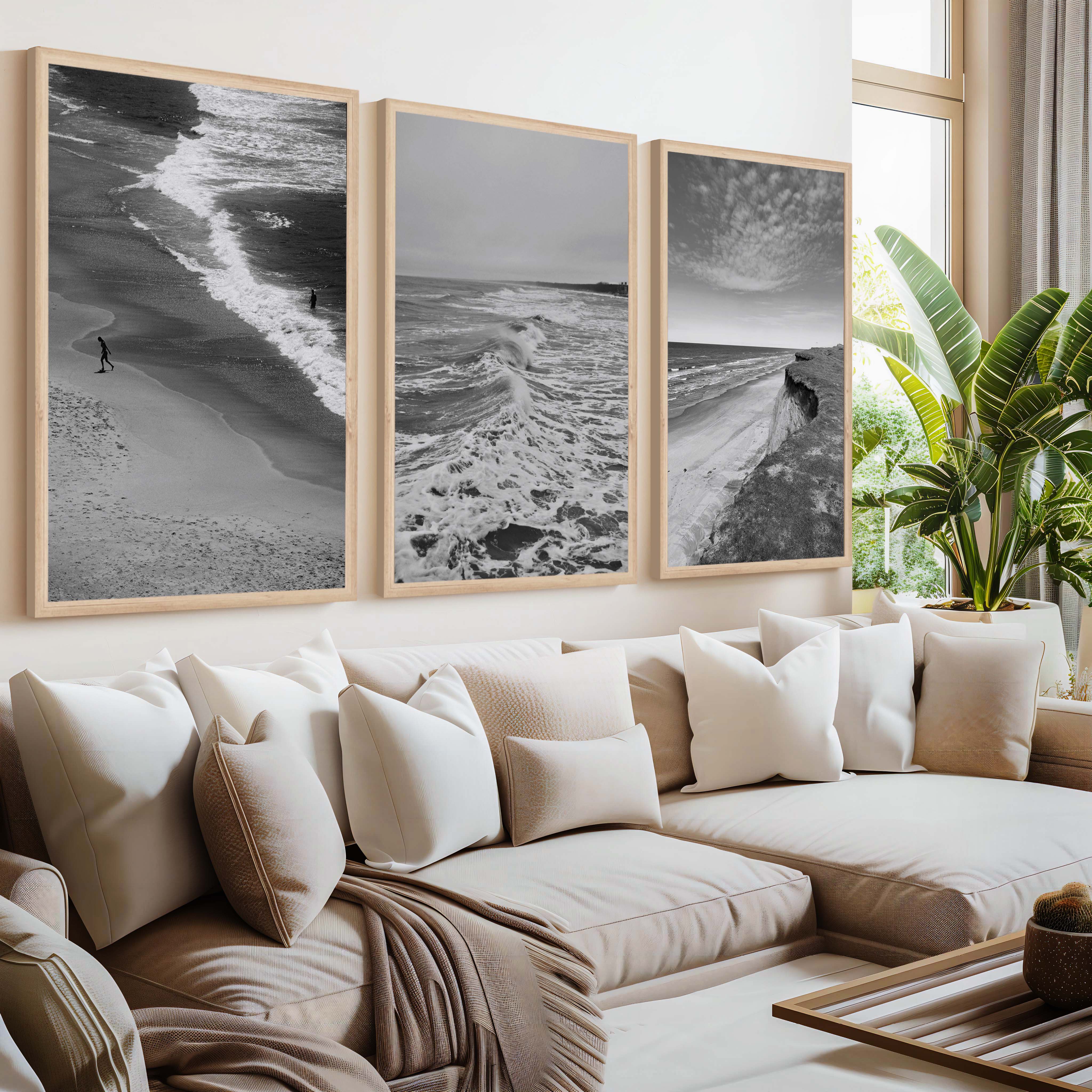 Collage Wall Set – Minimalist Black and White Ocean Views (3 Prints) - Natural Wood Framed Poster No Border - Artworksets