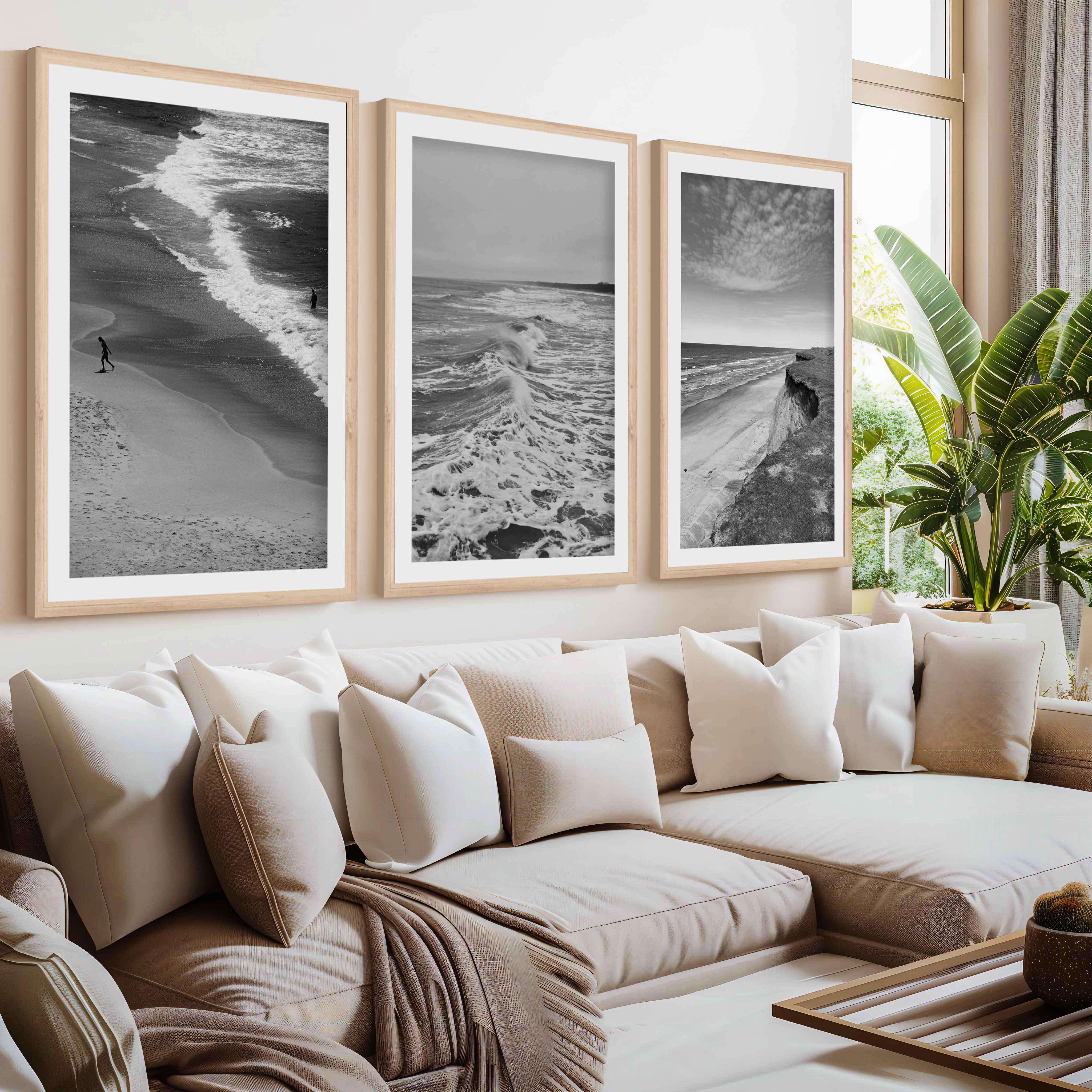 Collage Wall Set – Minimalist Black and White Ocean Views (3 Prints)- Natural Wood Framed Poster with White Border - Artworksets