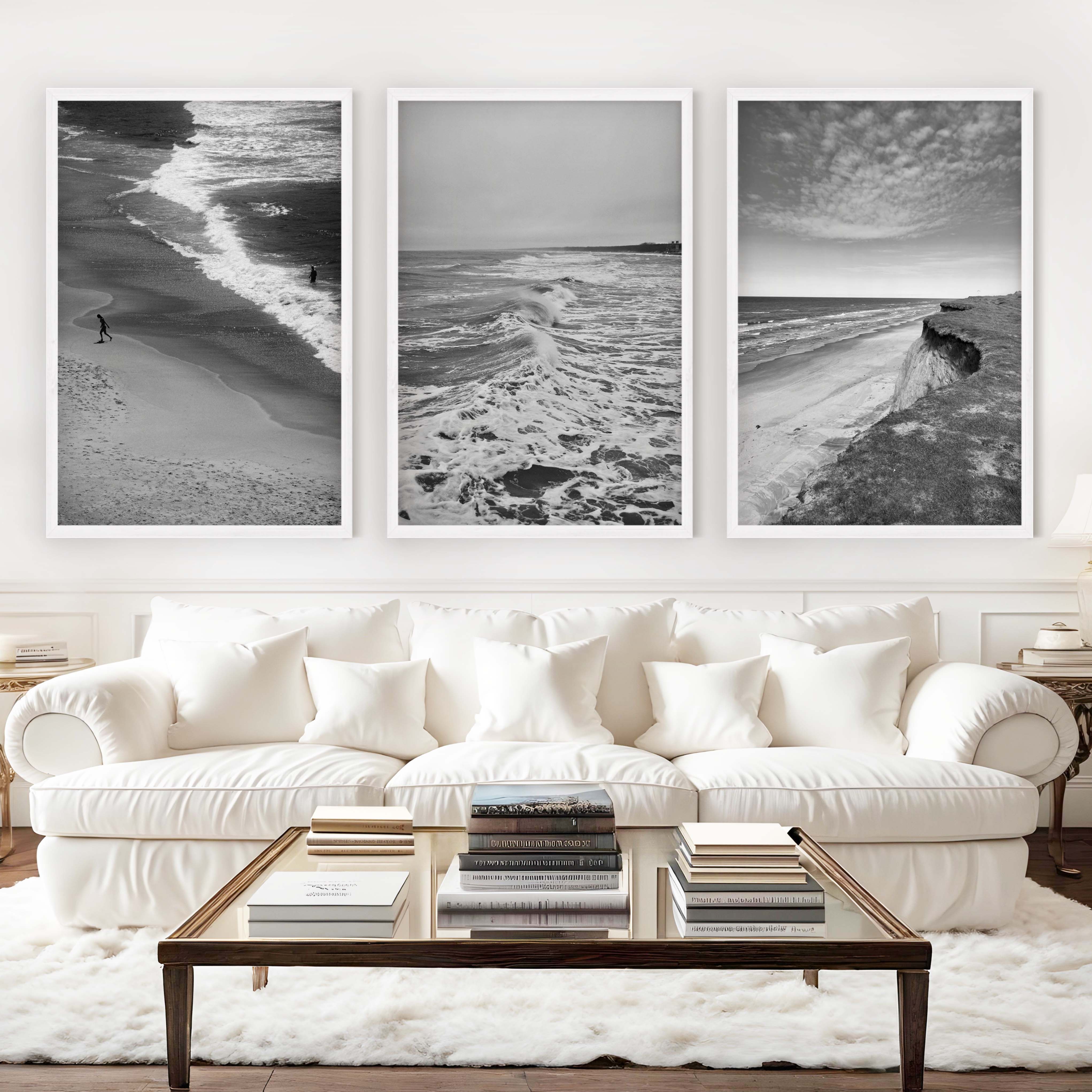 Collage Wall Set – Minimalist Black and White Ocean Views (3 Prints) - White Framed Poster No Border - Artworksets