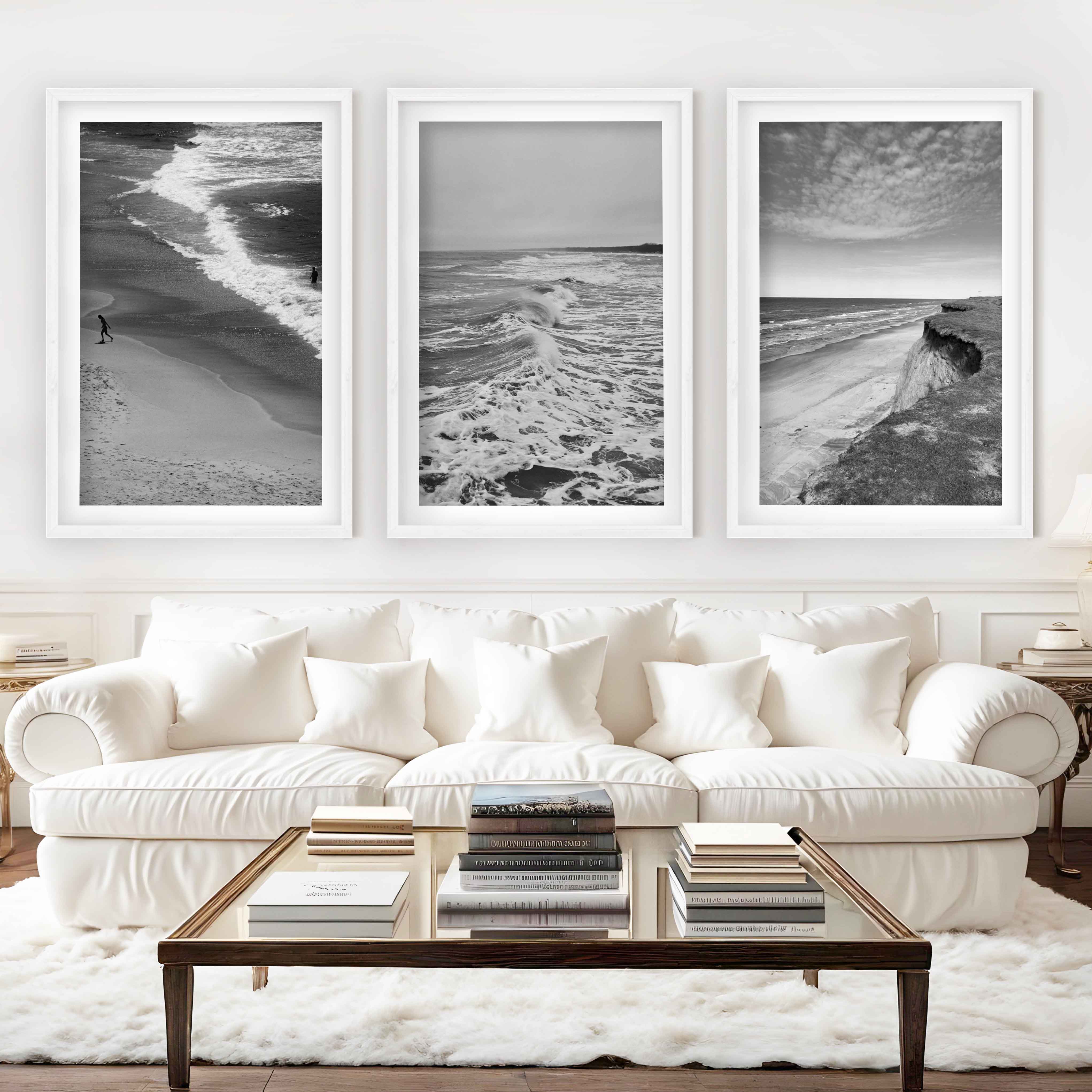 Collage Wall Set – Minimalist Black and White Ocean Views (3 Prints) - White Framed Poster with White Border - Artworksets