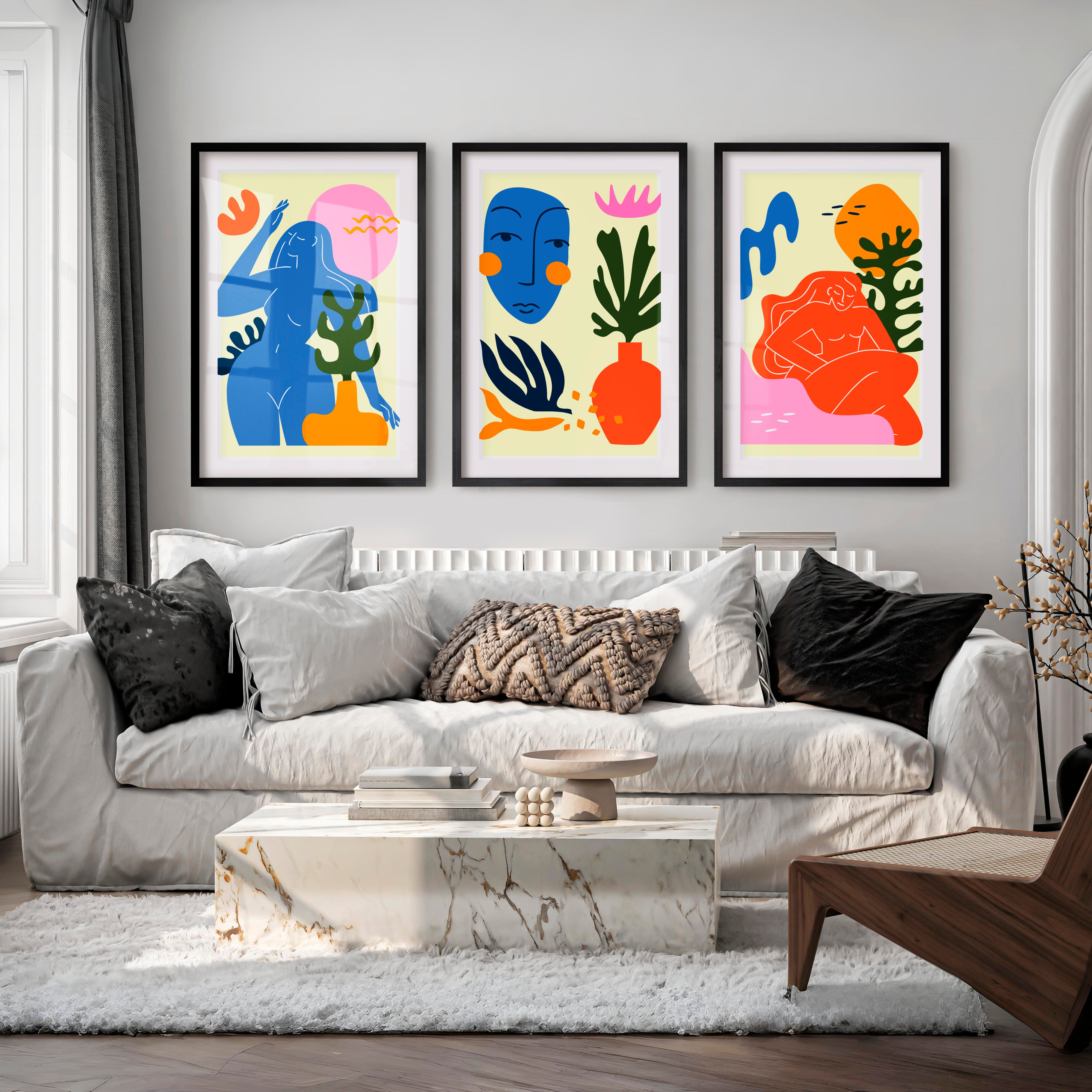 Colorful Abstract Art Paintings Matisse Inspired Figure Set of 3 - Black Framed Poster with White Border - Artworksets