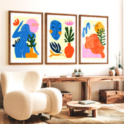 Colorful Abstract Art Paintings Matisse Inspired Figure Set of 3 - Dark Brown Framed Poster No Border - Artworksets