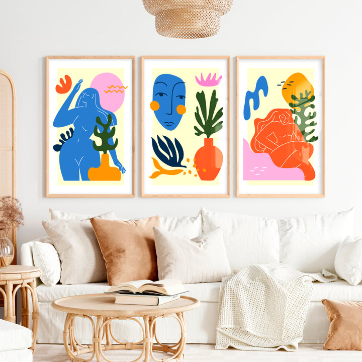 Colorful Abstract Art Paintings Matisse Inspired Figure Set of 3 - Natural Wood Framed Poster No Border - Artworksets