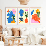 Colorful Abstract Art Paintings Matisse Inspired Figure Set of 3- Natural Wood Framed Poster with White Border - Artworksets