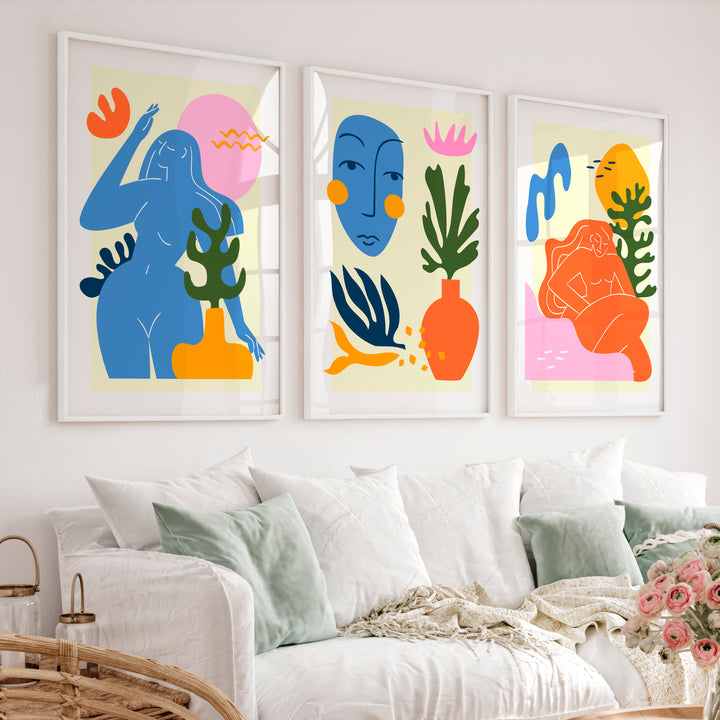 Colorful Abstract Art Paintings Matisse Inspired Figure Set of 3 - White Framed Poster No Border - Artworksets