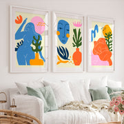Colorful Abstract Art Paintings Matisse Inspired Figure Set of 3 - White Framed Poster with White Border - Artworksets