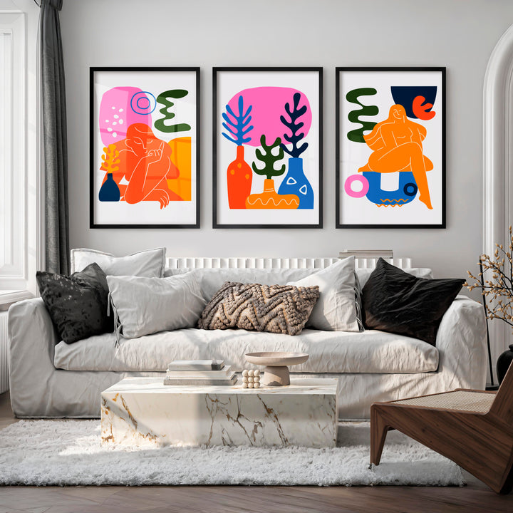 Colorful Abstract Wall Art Matisse Inspired Modern Set of 3 - Black Framed Poster No Border - Artworksets