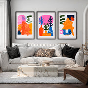 Colorful Abstract Wall Art Matisse Inspired Modern Set of 3 - Black Framed Poster with White Border - Artworksets